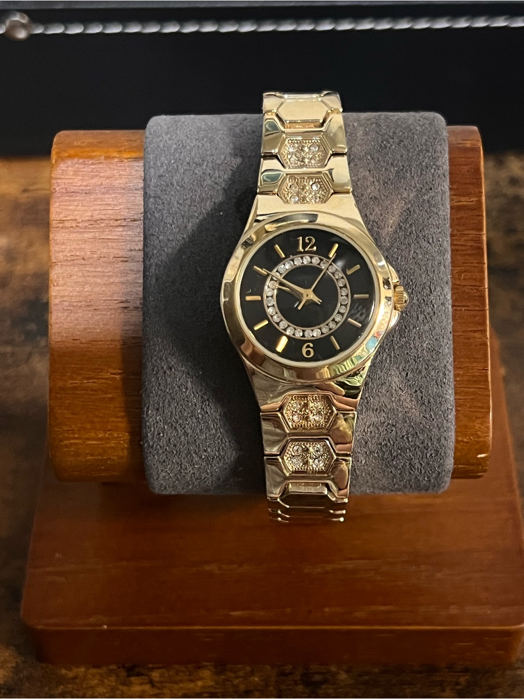 Womens Gold Bracelet Watch With Black Dial And Crystal Accents